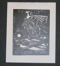 Vadász Endre: Ex libris dr. Lustig István (repülő könyvön ülő férfi)